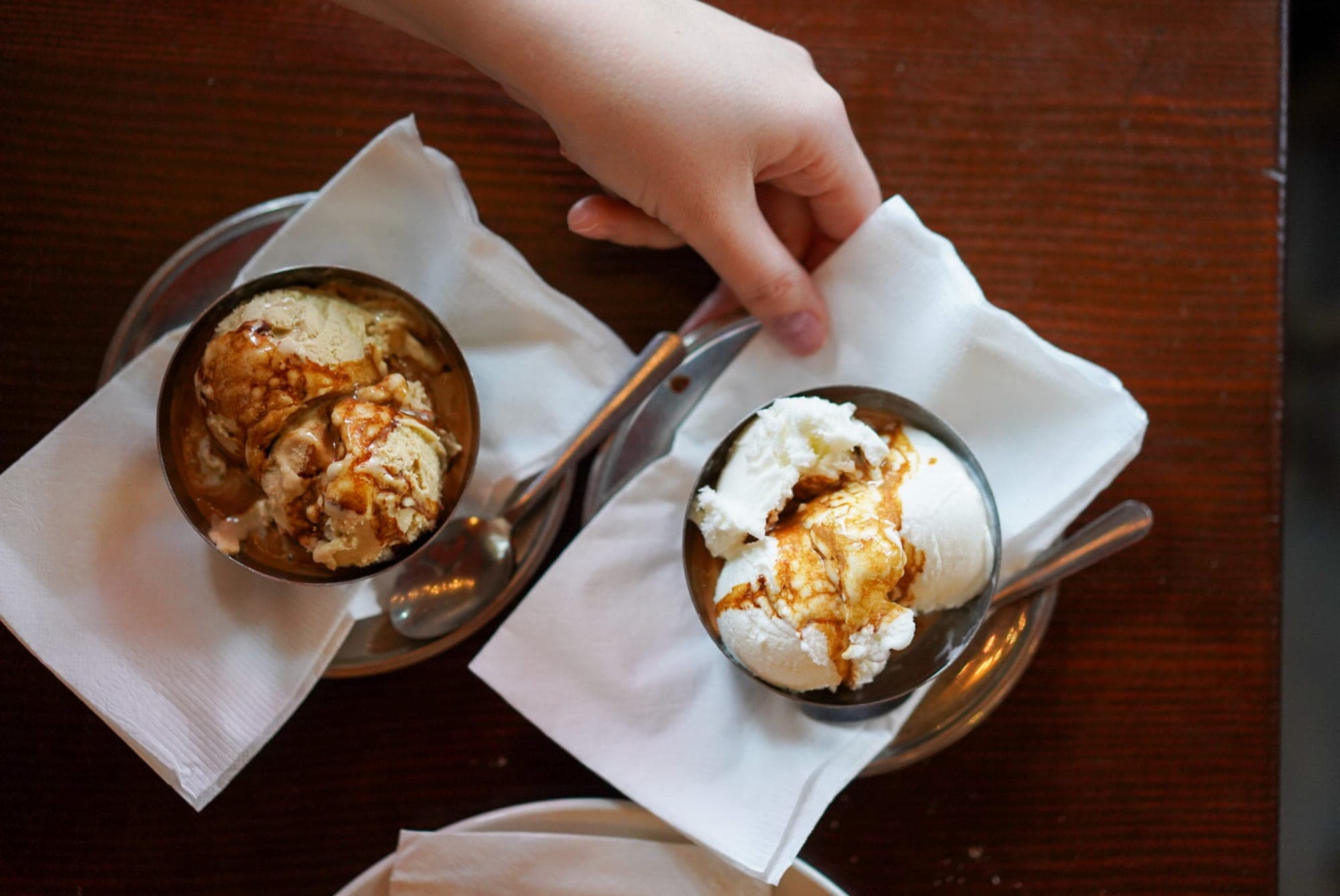 Top-down view of two gelato and affogato bowls at Ottavio