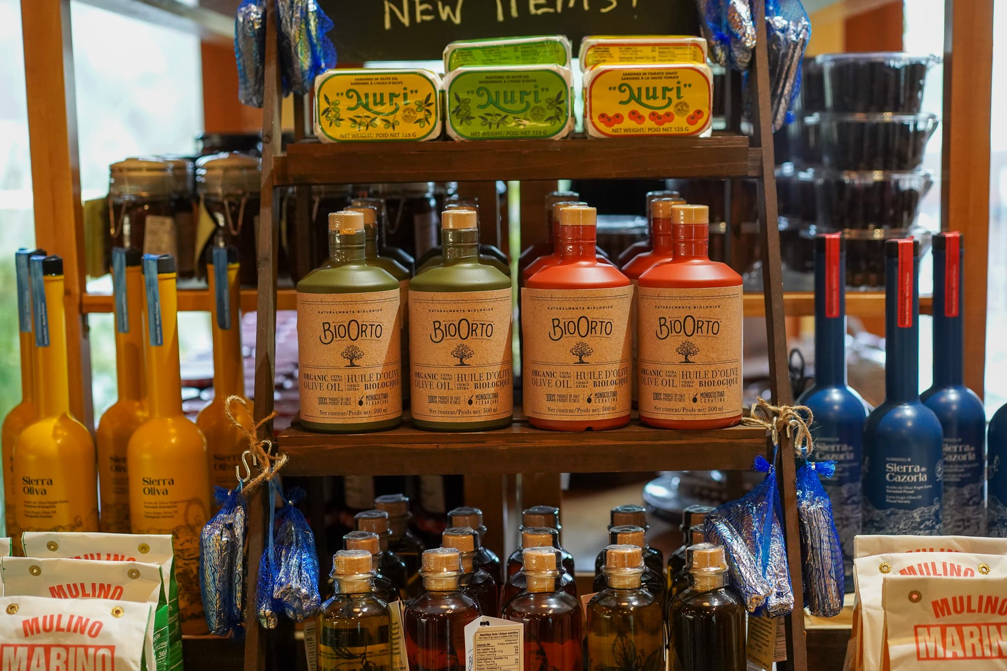 The pantry — olive oils, vinegars, and Italian goods